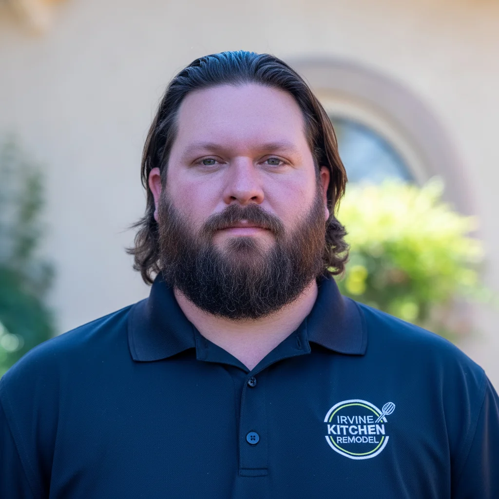 George Harris, owner of Irvine Kitchen Remodel, standing in front of company logo